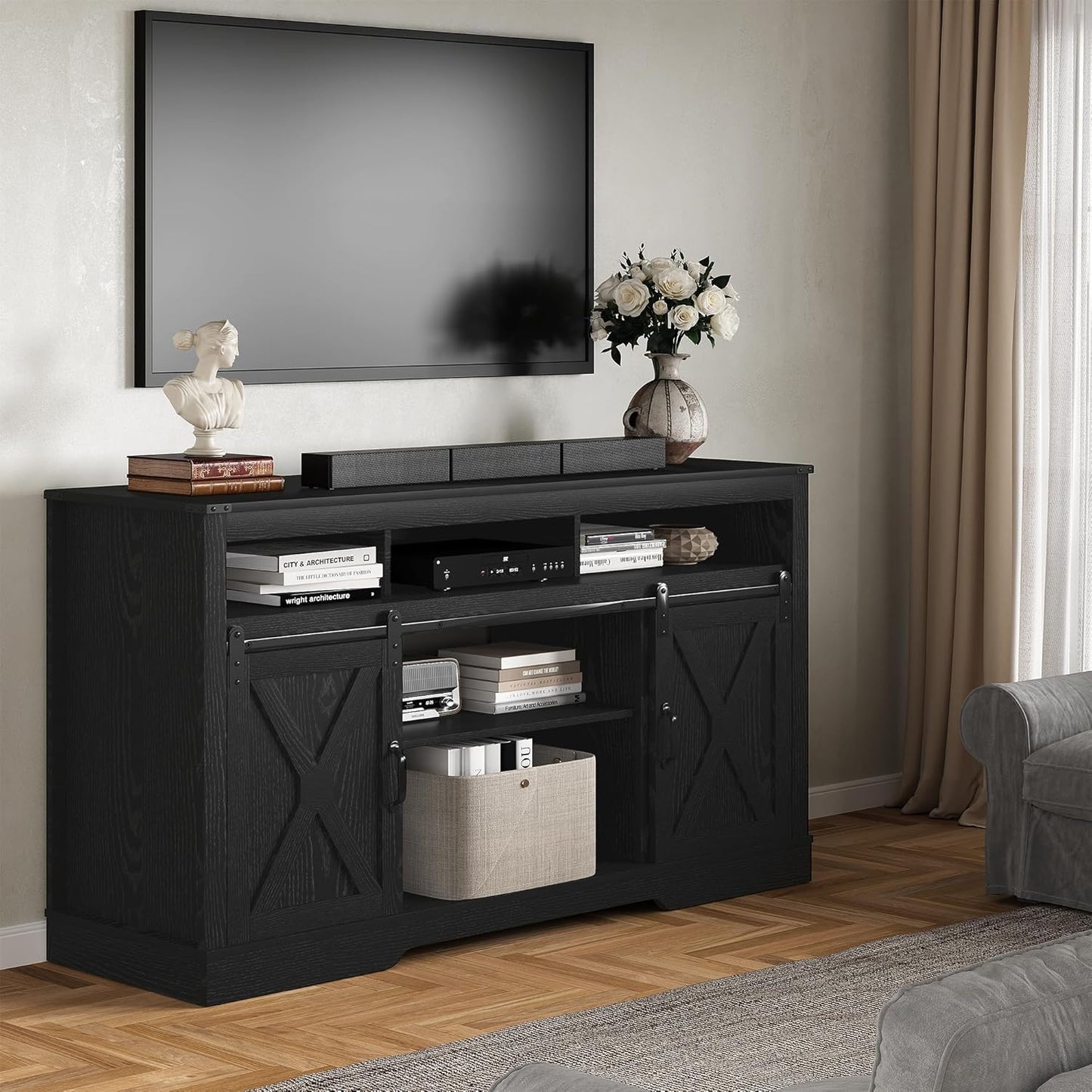 Farmhouse TV Stand for 65+ Inch TV, Tall Entertainment Center with Storage Cabinets and Sliding Barn Doors, Mid Century Modern Media TV Console Table for Living Room (Black)