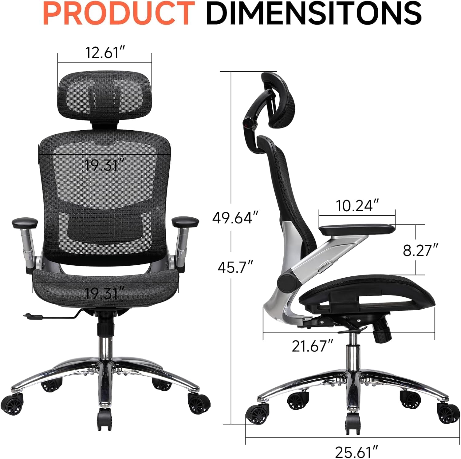 Big and Tall Ergonomic Mesh Office Chair, High Back Home Desk Chair Computer Gaming Chair with Headrest, Flip-Up Arms, 90-125° Tilt Lock and Wide Cushion, Task Chair for Man Woman- Black
