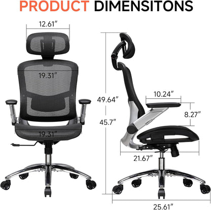 Big and Tall Ergonomic Mesh Office Chair, High Back Home Desk Chair Computer Gaming Chair with Headrest, Flip-Up Arms, 90-125° Tilt Lock and Wide Cushion, Task Chair for Man Woman- Black