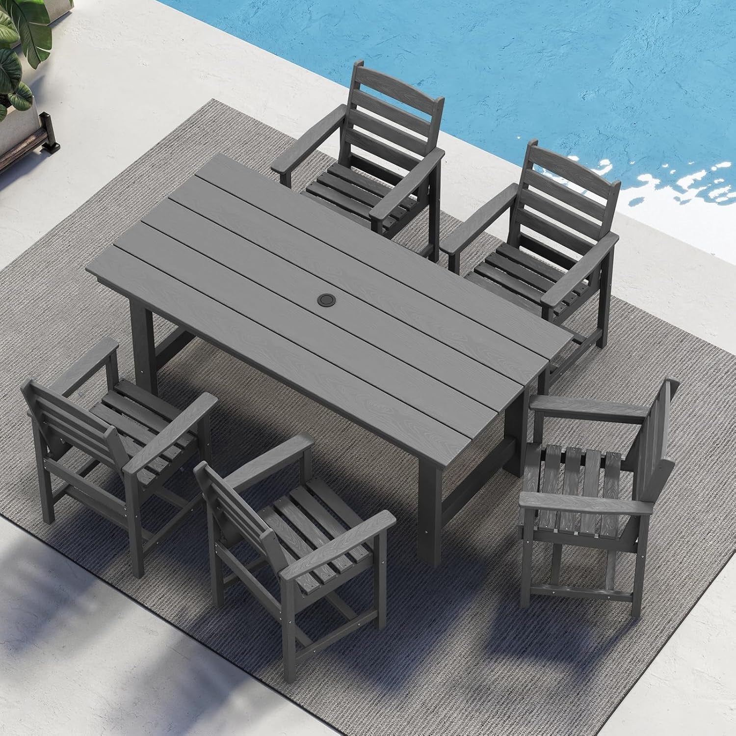 Outdoor HDPE Dining Table Set, 7-Piece Outdoor Dining Table Sets with Umbrella Hole Cut-Out Table and 6 Chairs, Gray