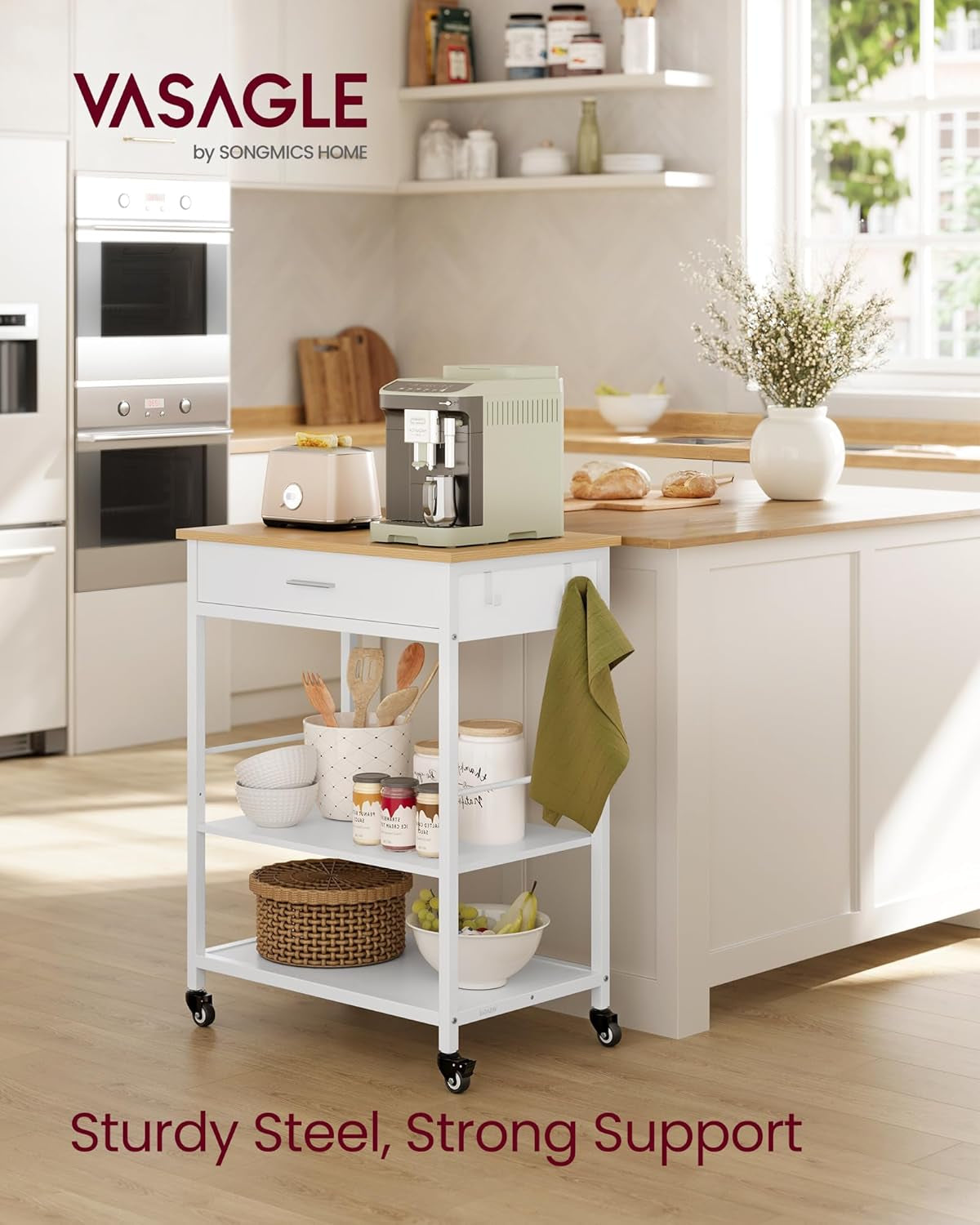Kitchen Rolling Island, Mobile Kitchen Cart with Storage on Wheels, 17.7 X 23.6 X 35.4 Inches, Drawer, 2 Hooks, for Dining Room, Oak Beige and Matte White UKKI007Y01