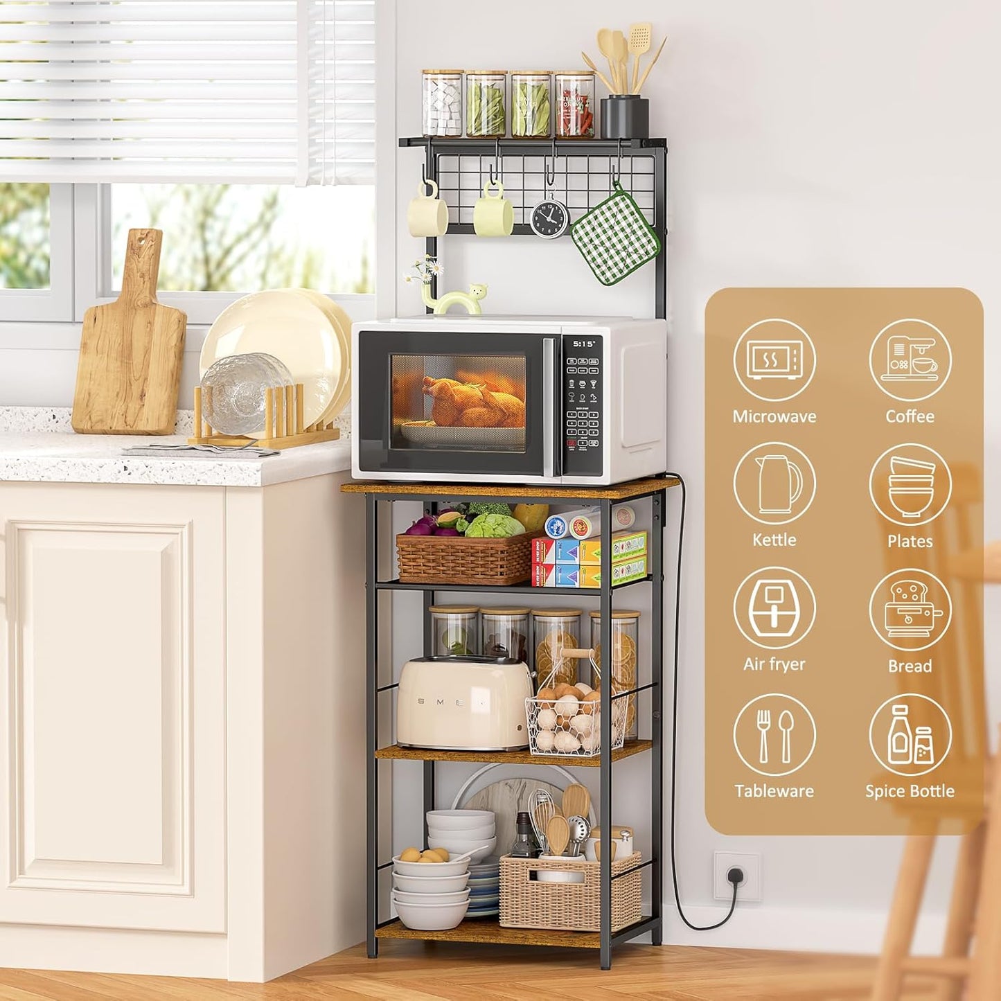5 Tier Coffee Bar Station, Kitchen Stand with 4 S-Shaped Hooks, Farmhouse Corner Coffee Bar Cabinet for Small Spaces, Bakers Rack for Kitchen, Entryway, Living Room, 13.43"D X 18.93"W X 53.31"H