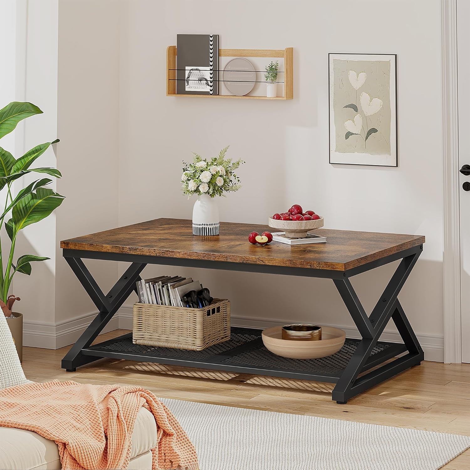 Coffee Table with Storage, Modern Coffee Tables for Living Room with Mesh Shelf, 2 Tier Rectangular Center Table for Living Room, Bedroom, 39.4 Inch, Rustic Brown