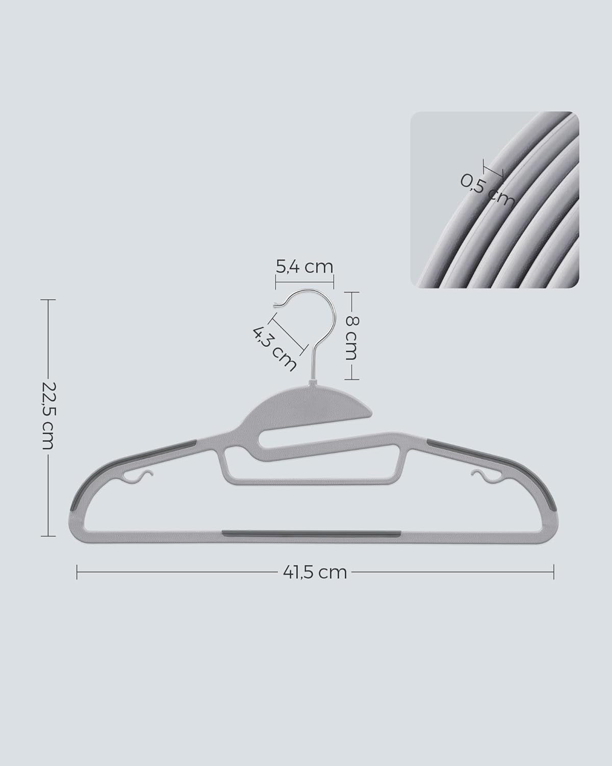 50 Pack Coat Hangers, Heavy-Duty Plastic Suit Hangers, S-Shaped Opening, Space-Saving, 360º Swivel Hook, 16.3 Inches Wide, Light Gray and Dark Gray UCRP41G-50