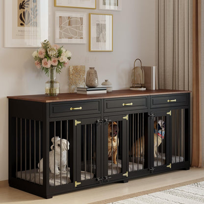 Dog Crate Furniture - Indoor Wooden Dog Kennel with 2 Dividers, 3 Drawers, and 3 Lockable Doors, 72"X23.6"X31.5"H, Black