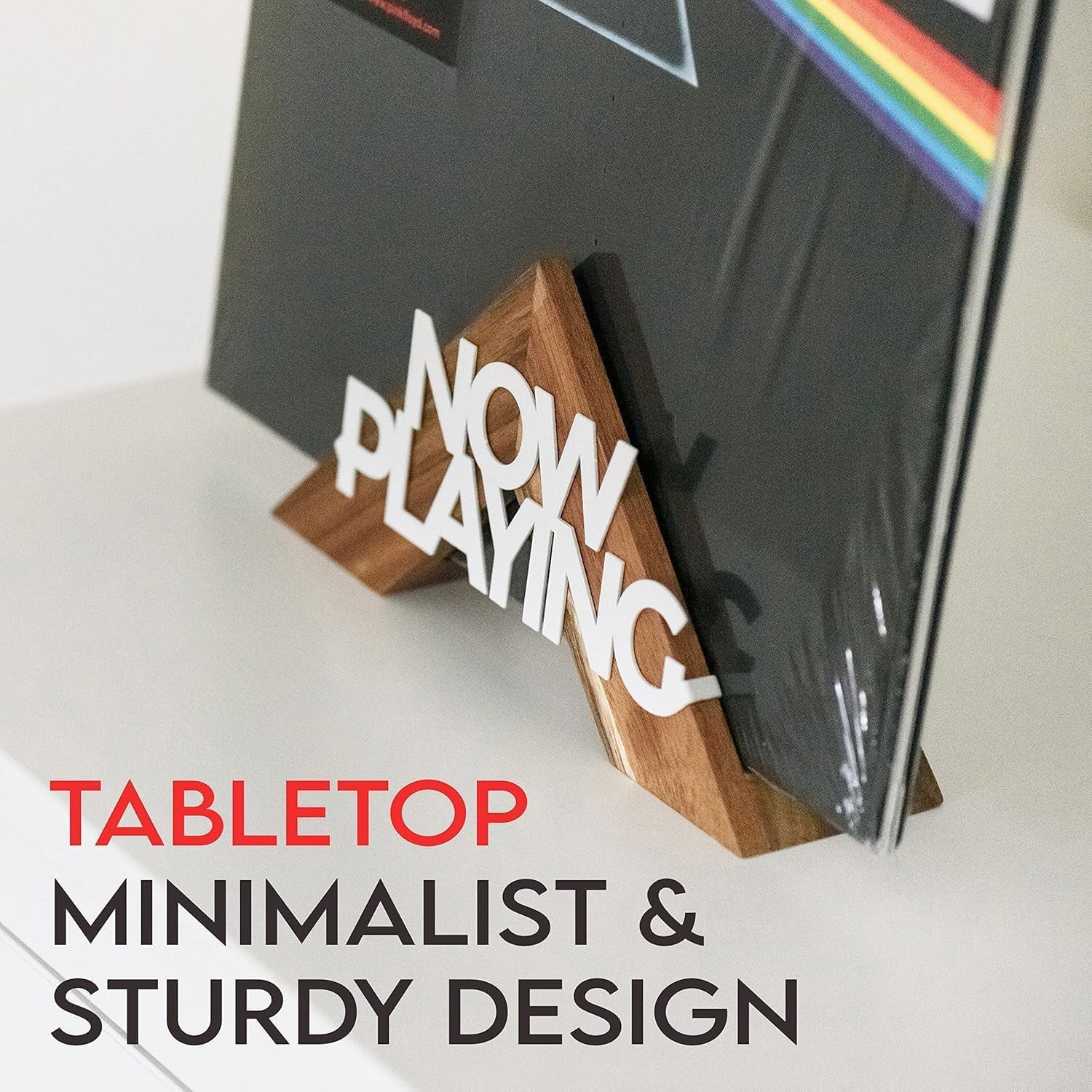 Tabletop Now Playing Vinyl Record Stand - Wooden Vinyl Record Holder - LP Shelf - No-Tool Assembly