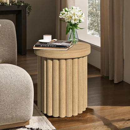 Luxenhome round Side Table, 19" H Fluted Side Table for Small Spaces, Mid Century Modern Small End Table, Wooden Accent Tables, Couch Side Tables, round Nightstand for Living Room, Bedroom