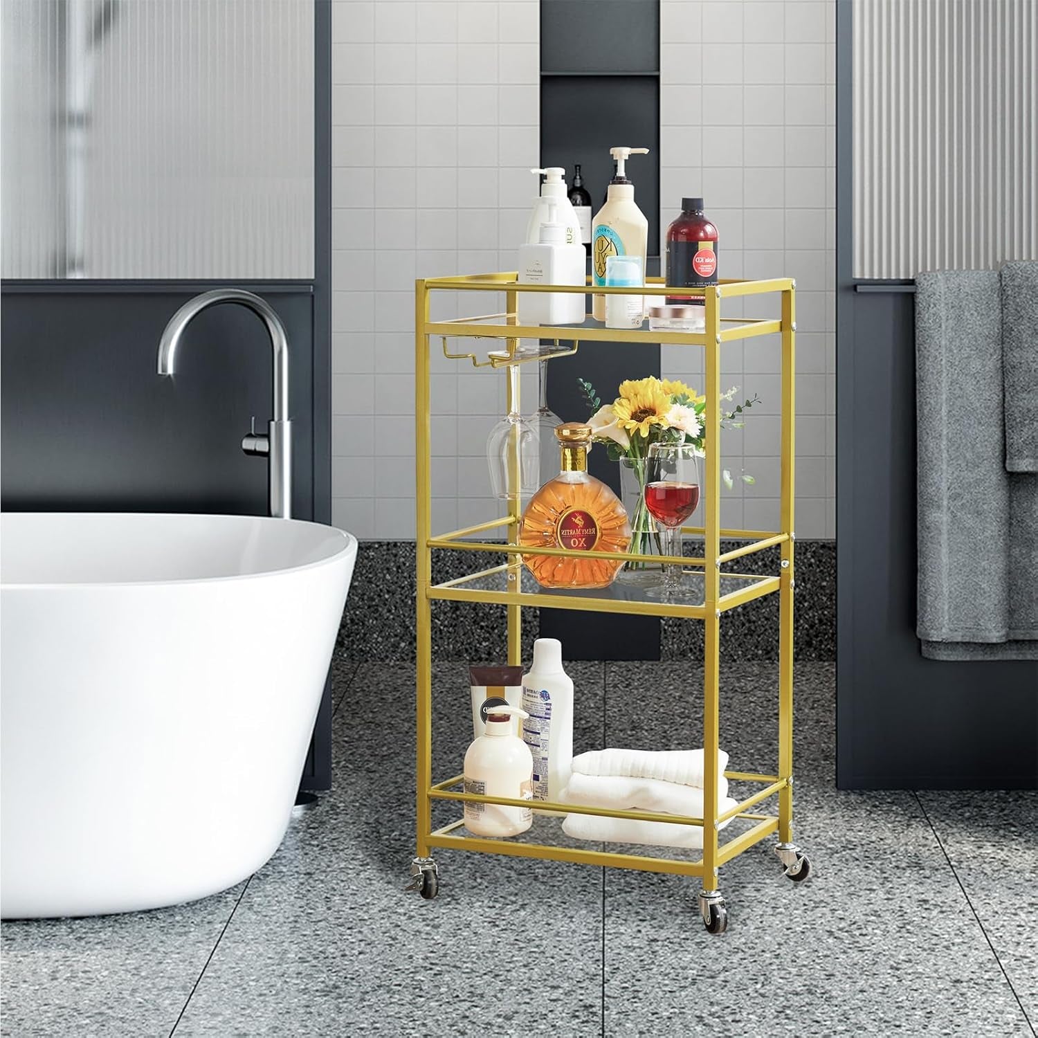 Home Bar Serving Cart,Small Bar Cart with 3-Tier Glass Shelf, Mobile Drink Shelf with Wine Holders and Glass Holders,Mini Bar for Outdoor, Small Space, Kitchen Gold TMJ519G