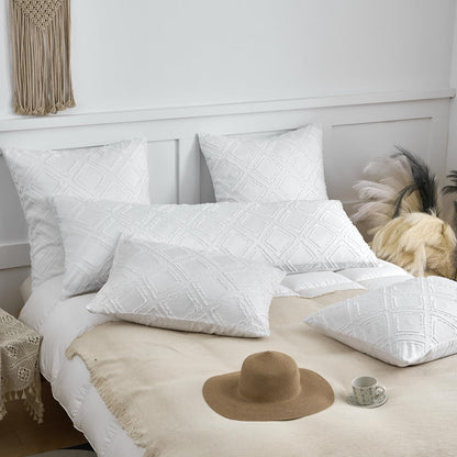 King Pillow Shams 2 Pack, King Size Pillowcases, Soft Microfiber Geometric Tufted Pillow Covers with Envelope Closure, White, 20X36 Inches (No Insert)
