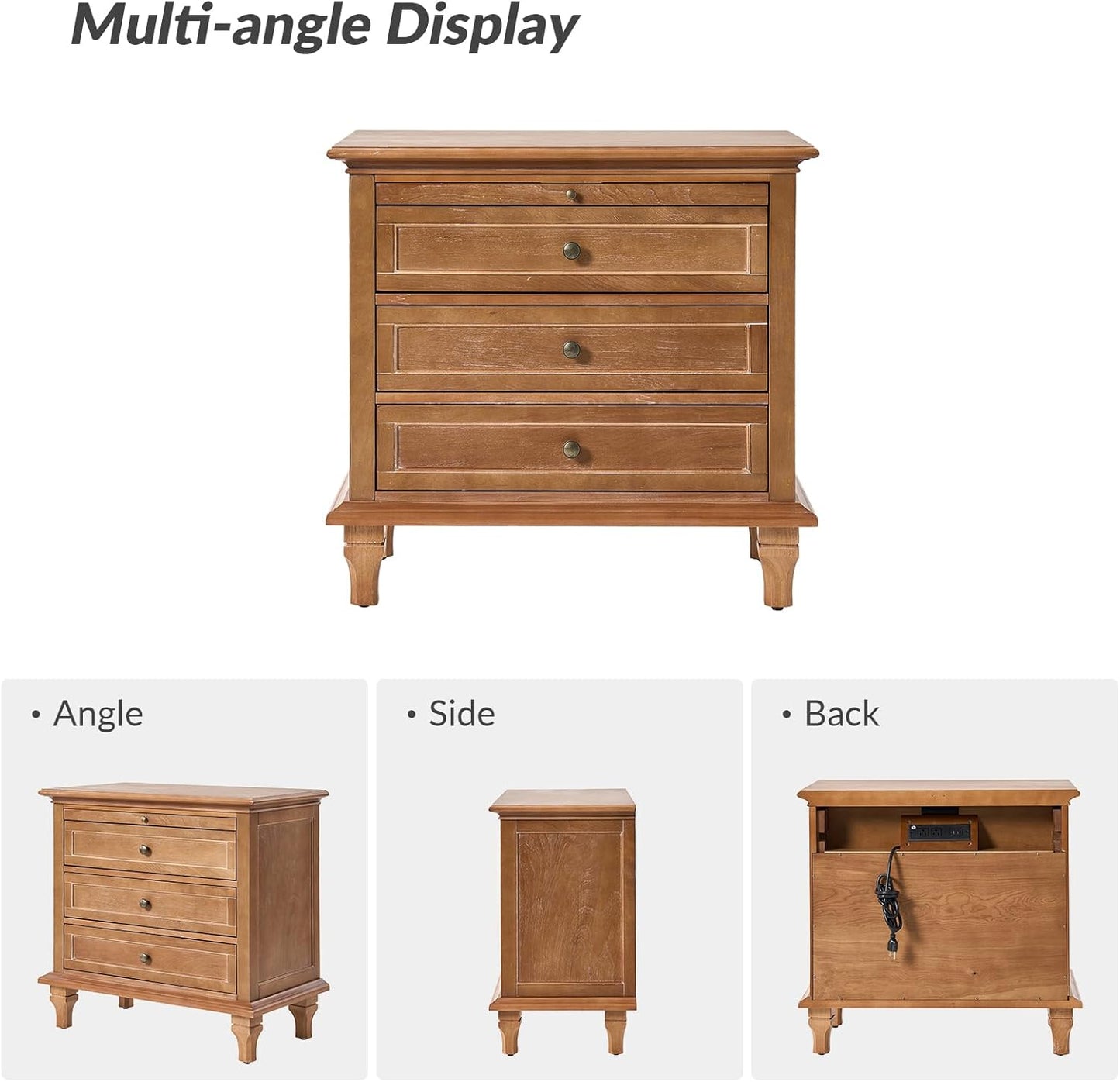 Farmhouse 3 Drawer Nightstand with Tray, Drawer Organizer with Solid Wood Legs, Nightstand with Charging Station,Acorn