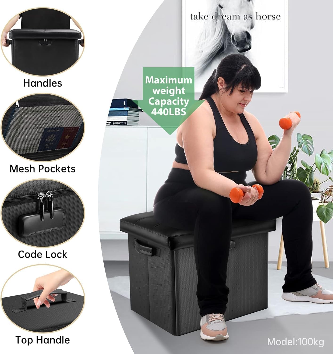 Storage Ottoman with Lock,Fireproof Folding Ottoman Foot Rest Stool Storage Chest with Storage Safe for Important Documents,Waterproof 17 Inches Short Ottoman Foot Stool with Handles,Black