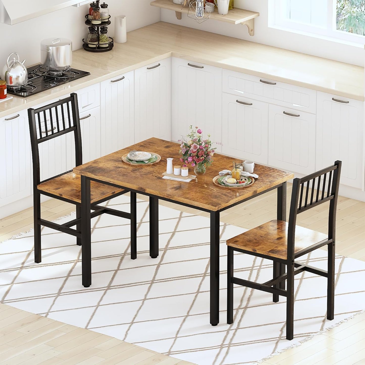 3 Piece Dining Table Set for 2, Small Kitchen Table Set for 2 with Chairs,Wood Breakfast Nook Table and Chairs Set of 2,Dinette Set for Small Space,Dining Room,Apartment, Brown