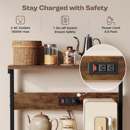 Kitchen Bakers Rack with Power Outlet, Coffee Bar Table 4 Tiers, Kitchen Microwave Stand with 6 S-Shaped Hooks, Storage Shelf Rack for Spices, Pots and Pans - Rustic Brown