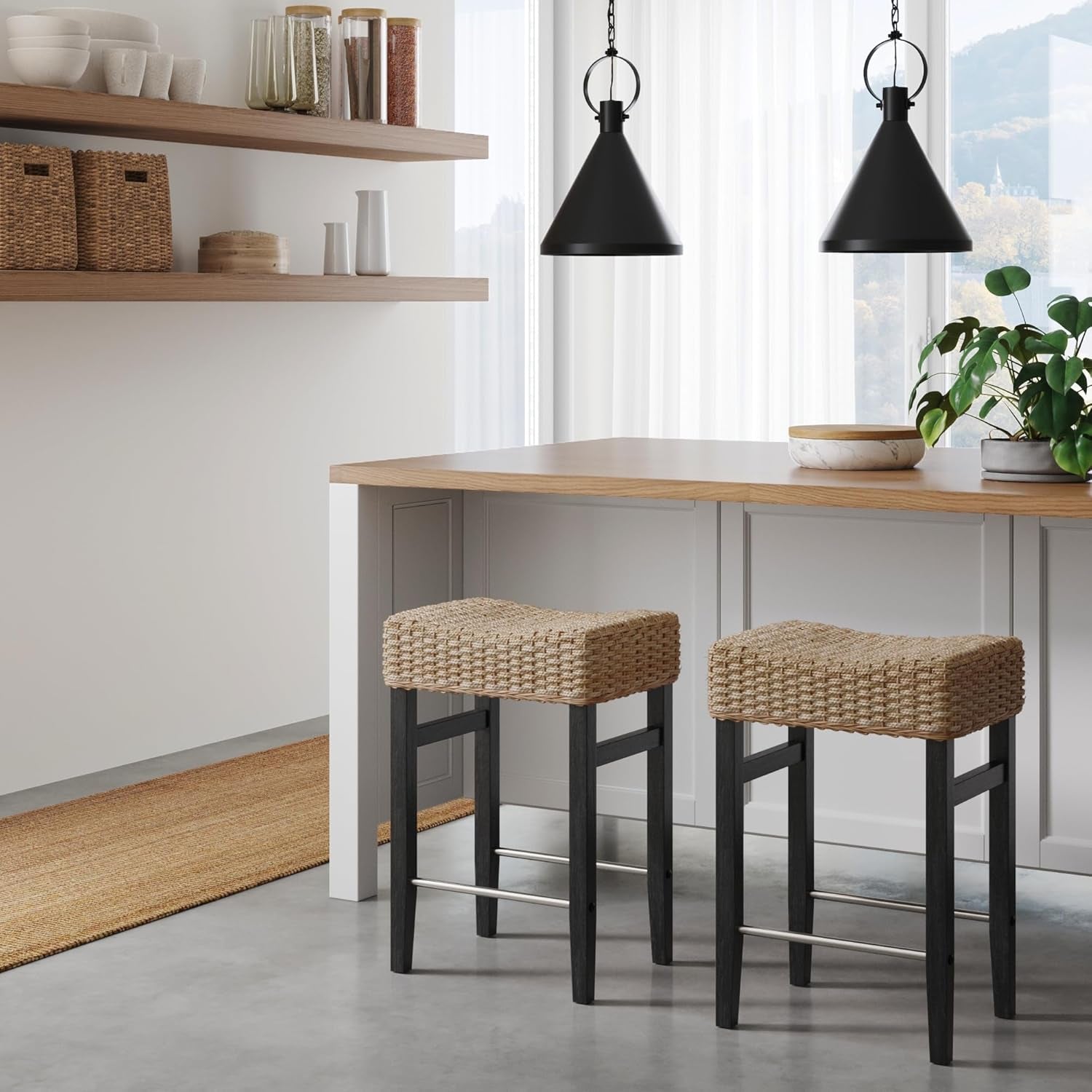 Harvey Rattan Bar Stool, Bohemian Counter Height Stool with Woven Seagrass Seat, Solid Wood Legs, and Metal Footrest Seagrass/Brushed Black