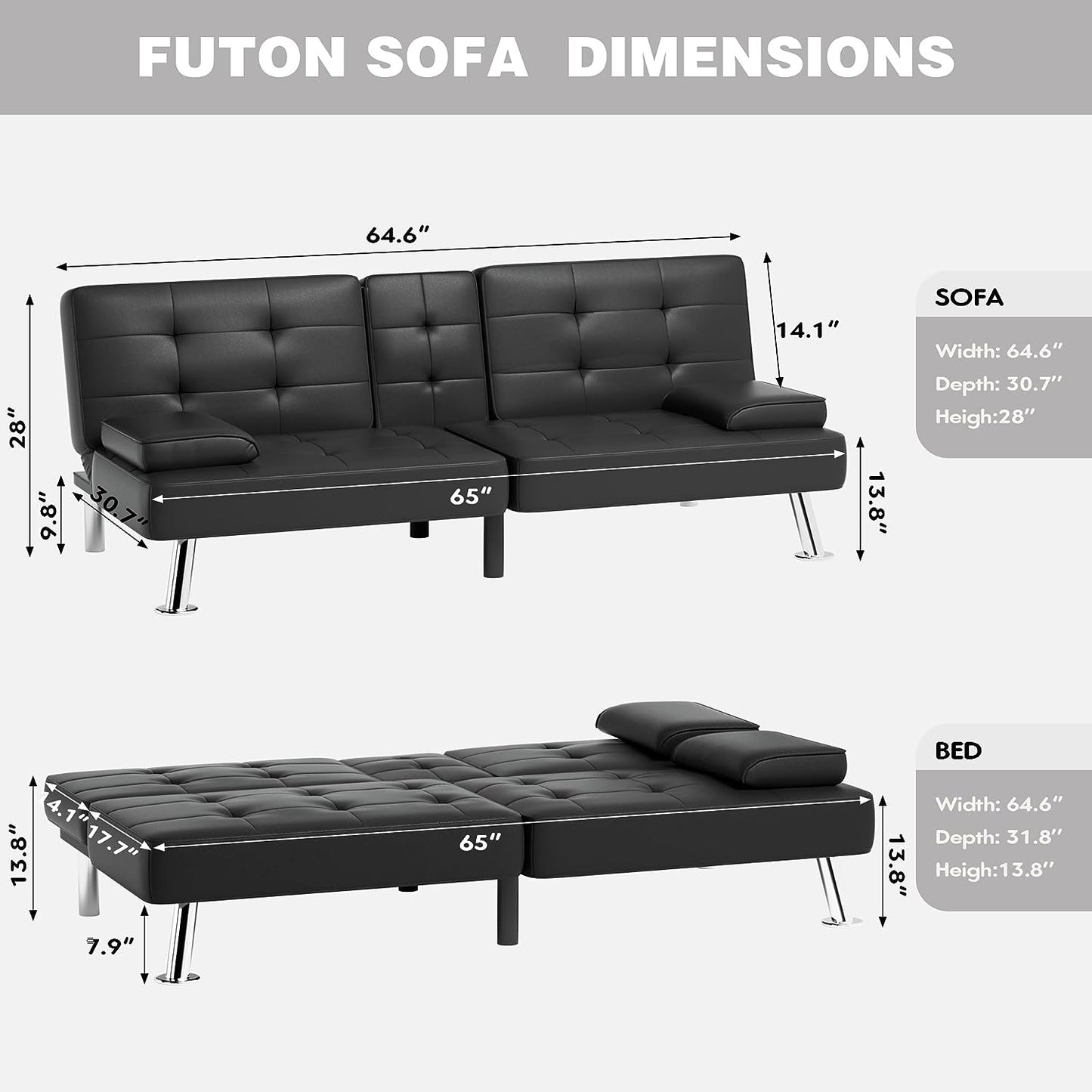 Faux Leather Futon Sofa Bed Futon Couch with Removable Armrests Adjustable Sleeper Sofa Bed with 2 Cup Holders for Living Room (PU Leather, Black)