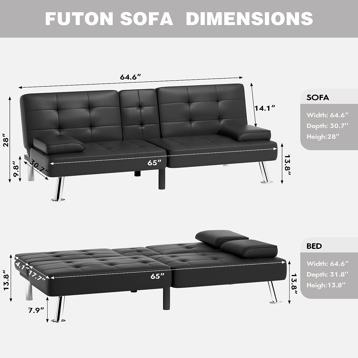 Faux Leather Futon Sofa Bed Futon Couch with Removable Armrests Adjustable Sleeper Sofa Bed with 2 Cup Holders for Living Room (PU Leather, Black)