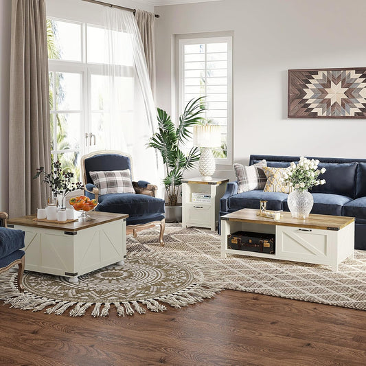 Farmhouse Coffee Table with Storage and Drawer, Rustic Coffee Table for Living Room, Open Shelf, White