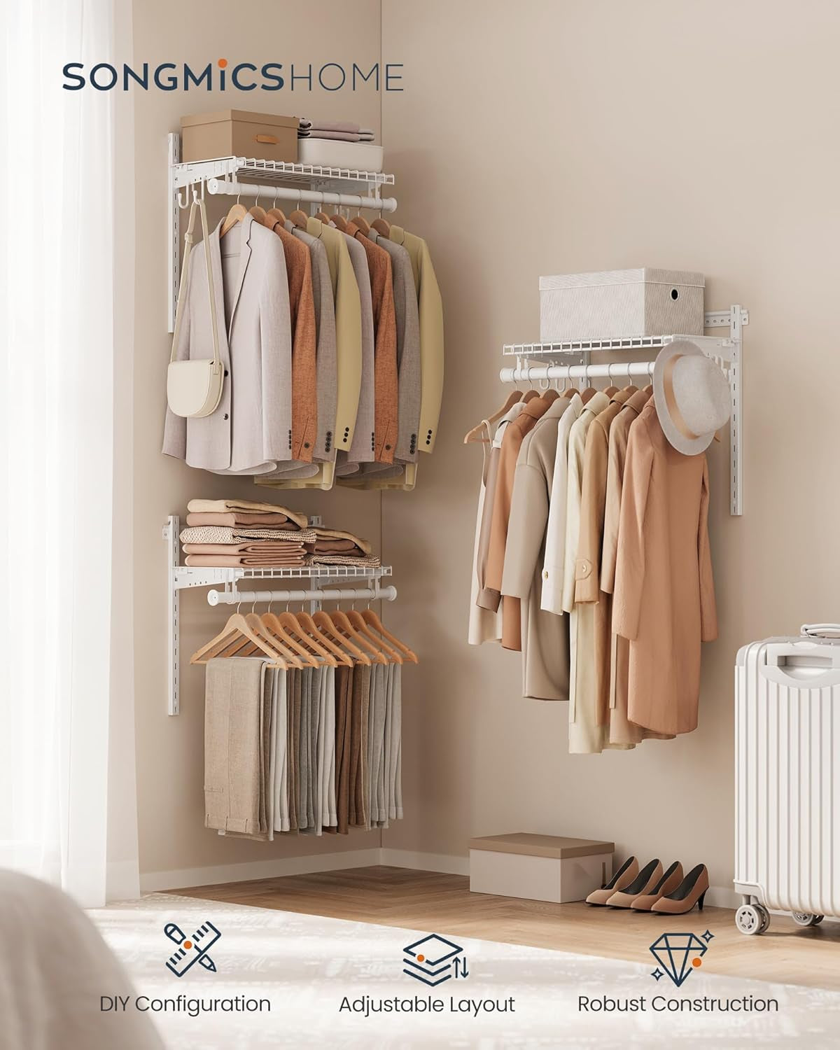 HOME Closet System, Closet Insert Organizer, 4-6 Ft, Adjustable Metal Shelving Unit with 4 Hanging Rods, 4 Shelves, and Hooks, for Pantry Mudroom Garage Basement, Cloud White URGR031W01