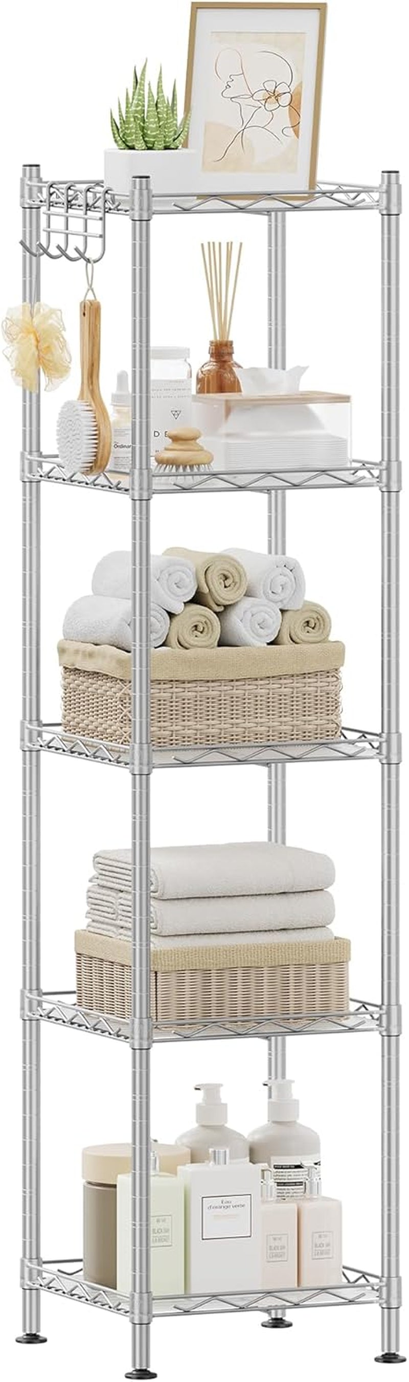 5-Tier Bathroom Shelf, Storage Rack for Small Space, with 5 PP Shelf Liners, Removable Hook, Extendable Design, Ink Black and Translucent ULGR23BK