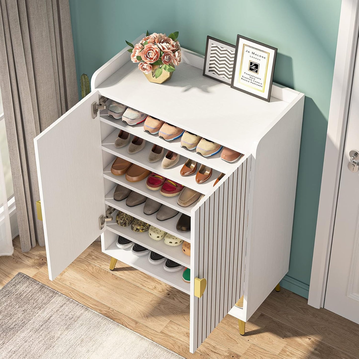 Shoe Cabinet with Doors, 6-Tier Shoe Storage Cabinet with Adjustable Shelves, Wooden Shoes Rack Shoe Storage Organizer for Entryway, Hallway, Closet, Living Room, White & Gold
