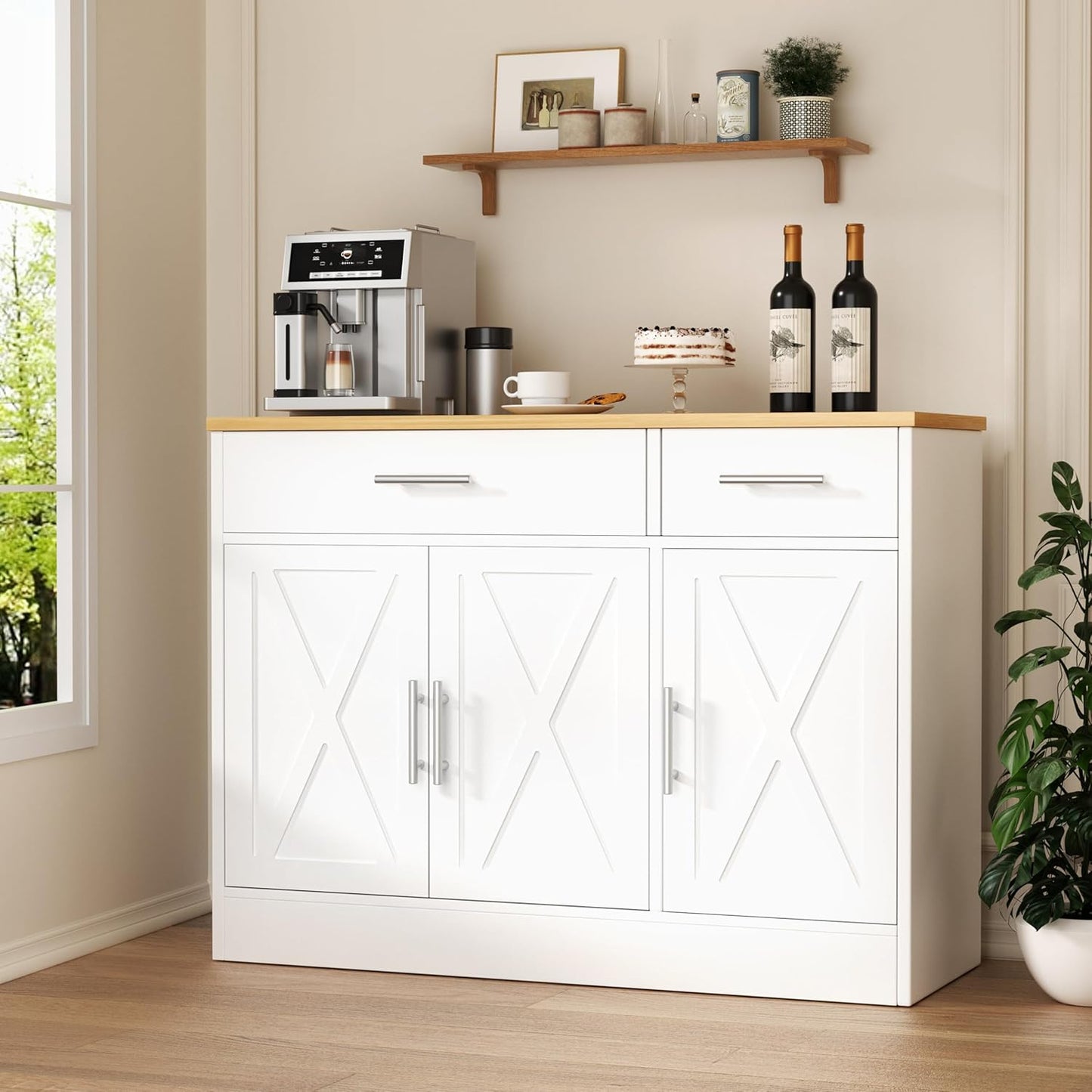 3 Doors Farmhouse Sideboard Buffet Cabinet,42" Barn Doors Buffet Cabinet with Storage,Wood Coffee Bar Cabinet with Adjustable Shelf for Kitchen,Living Room,White