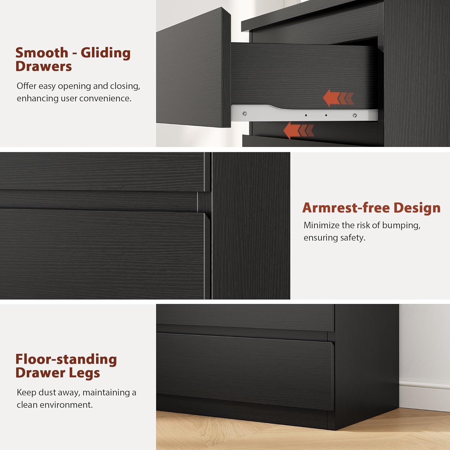 Black 5 Drawer Dresser for Bedroom, 15" D X 23.7" W X 40.4" H in Modern Chest of Drawers, Wood Storage Dresser with Handleless Drawers for Kids Bedroom, Living Room, Hallway, Entryway