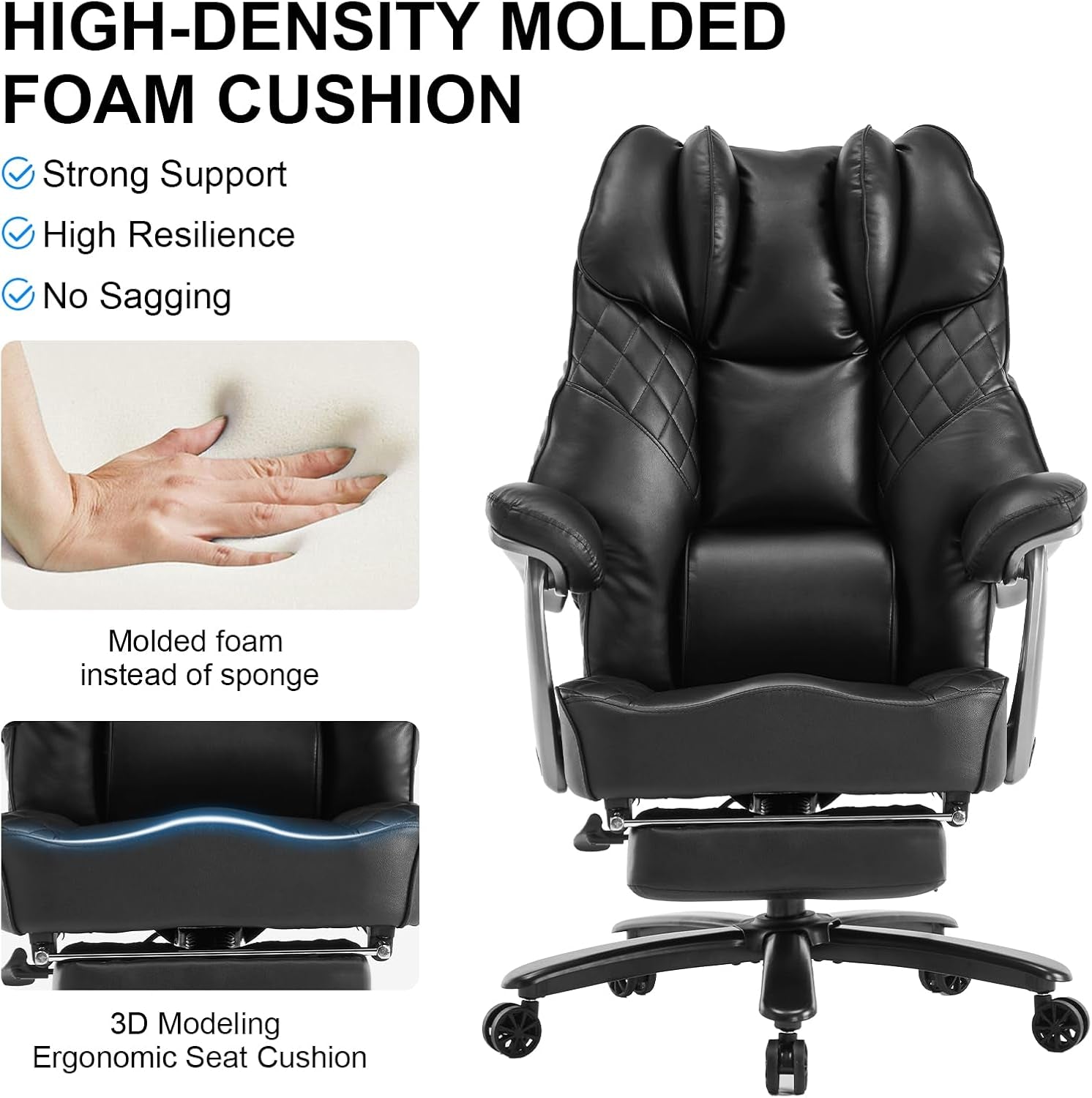 Big and Tall Office Chair 400Lbs for Heavy People, Wide Executive Office Chair with Foot Rest, High Back Ergonomic Desk Chairs Lumbar Support for Lower Back Pain, Leather Black