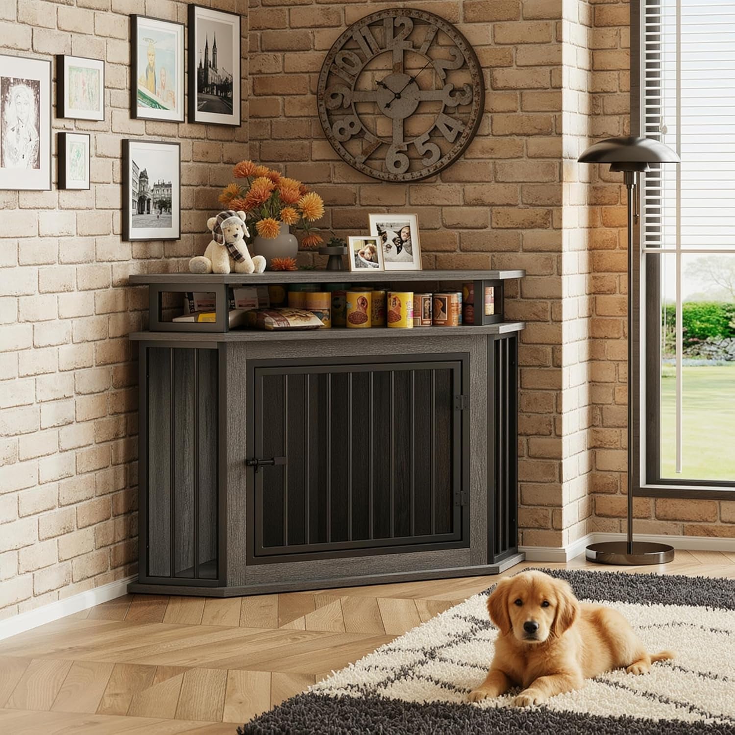 43.3" Corner Dog Crate with 2-Tier Shelves, Wooden Dog Kennel Furniture for TV Stand, Dog Cage Indoor for Small and Medium Dogs, Gray (23.6" L X 43.3" W X 32" H)