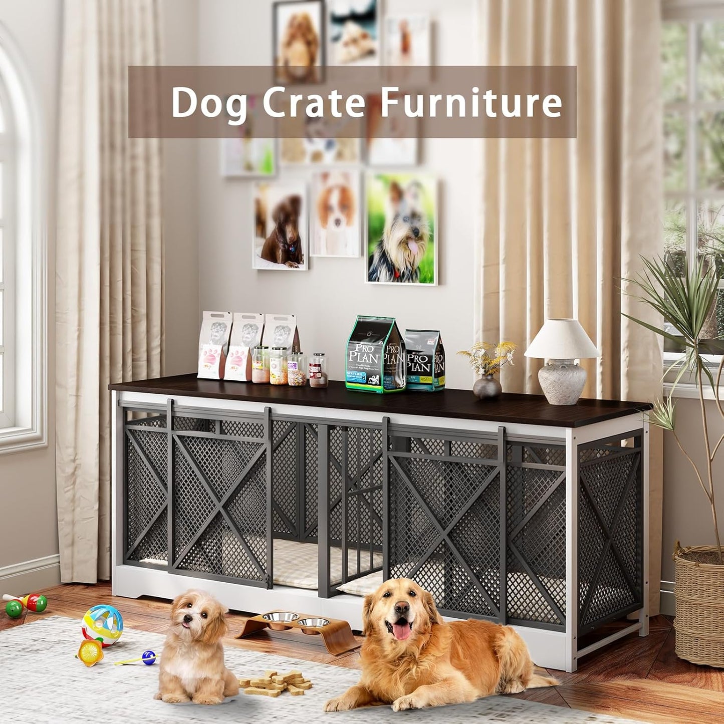 78 Inch Double Dog Crate Furniture, Extra Large Dog Kennel Indoor for Medium Large 2 Dogs, Heavy Duty Dog Cage Chew-Resistant Steel and Wooden Pet House with Removable Divider (White Brown)