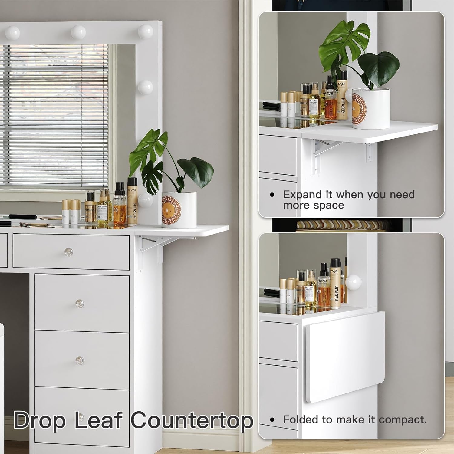 Vanity Desk with Power Outlet, 9 Drawers Makeup Vanity with Mirror and 12 LED Lights, 3 Lighting Modes, Glass Top Vanity Set, Fold-Up Panel, Dressing Table for Bedroom