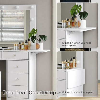 Makeup vanity desk with mirror, twelve LED lights, nine drawers and power outlet, view 5