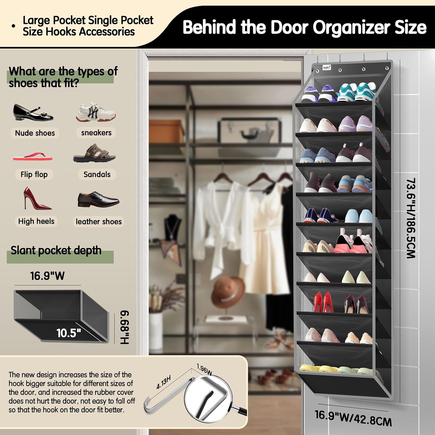 10 Tier over the Door Organizer - Heavy Duty Hanging Storage Rack with Sturdy Oxford Fabric, Holds 20+ Pairs of Footwear, Boots & Sneakers, Saves 50% Closet Space (Black)