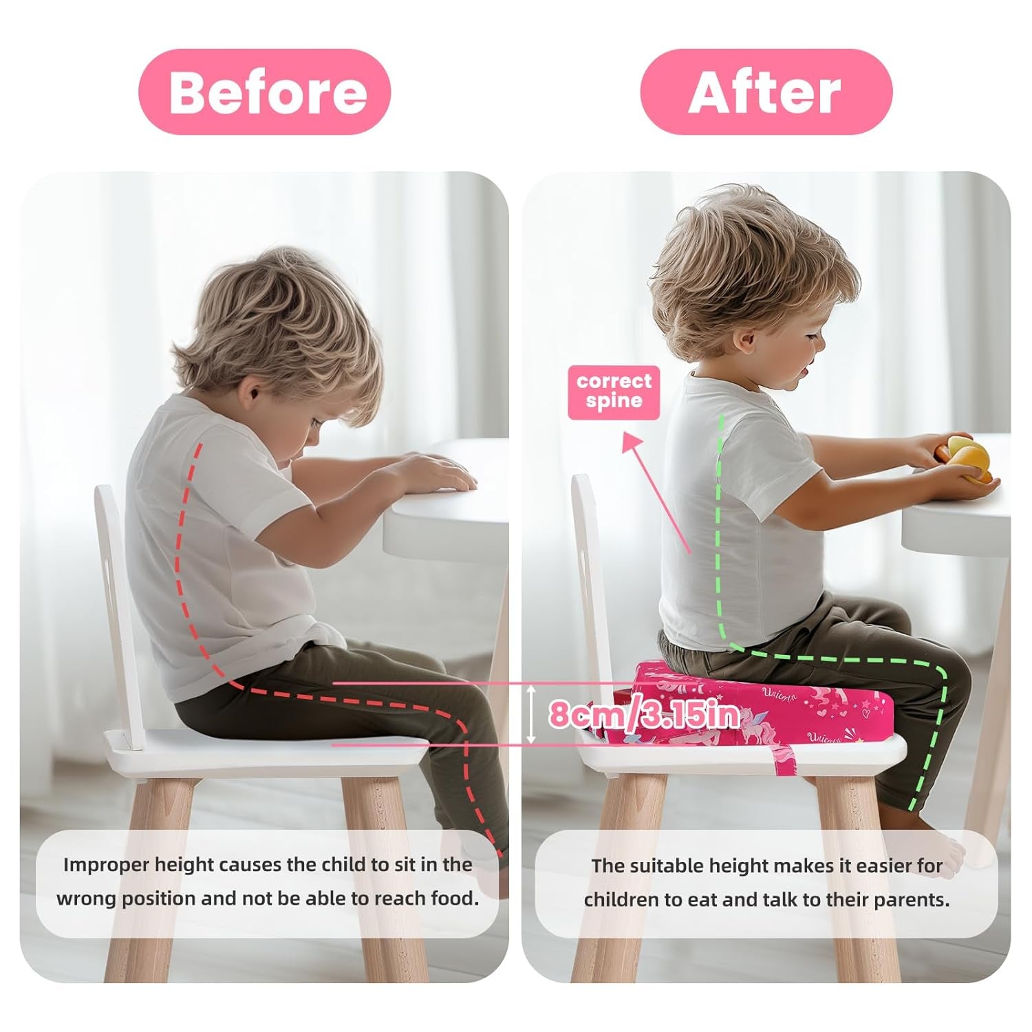 Toddler Booster Seat for Dining Table, Kids Booster Seat for Kitchen Chair with Non-Slip Bottom, Portable Detachable Washable Increasing Cushion with 2 Adjustable Straps (Unicorn)