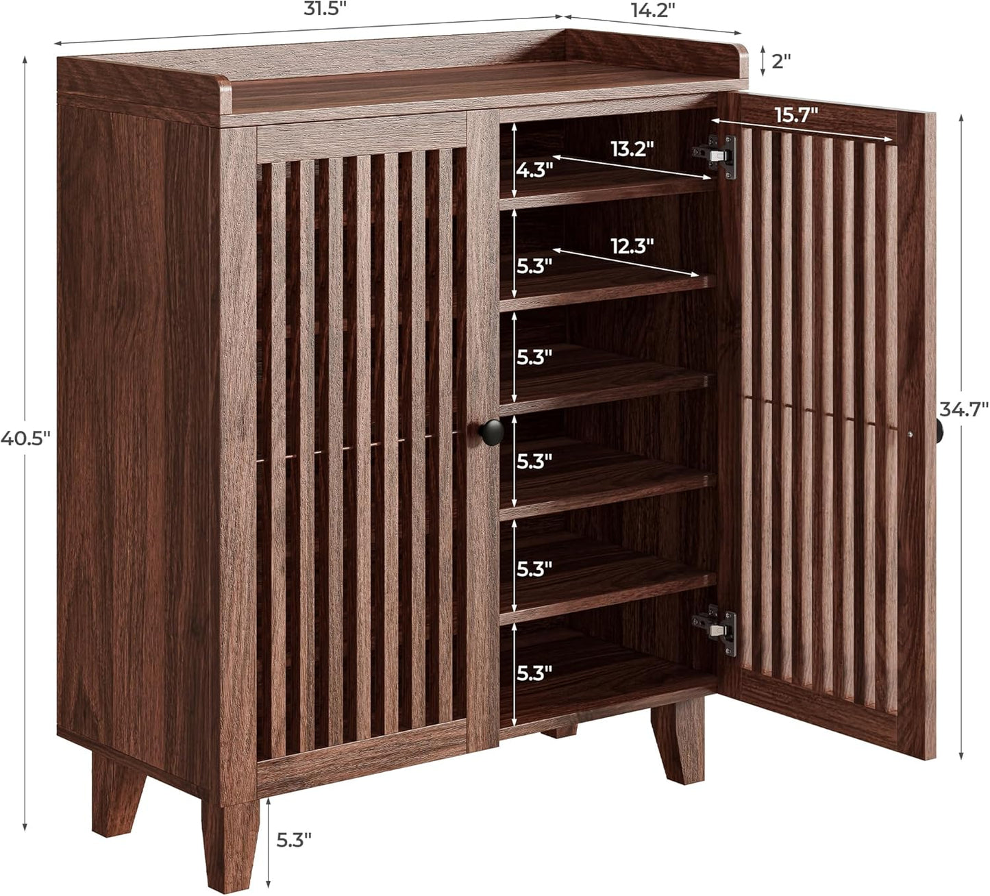 Shoe Cabinet with Slatted Doors, 6-Tier Shoe Storage Cabinet with Adjustable Shelves, Wooden Shoe Rack Organizer for Entryway, Hallway, Closet, Living Room, Walnut