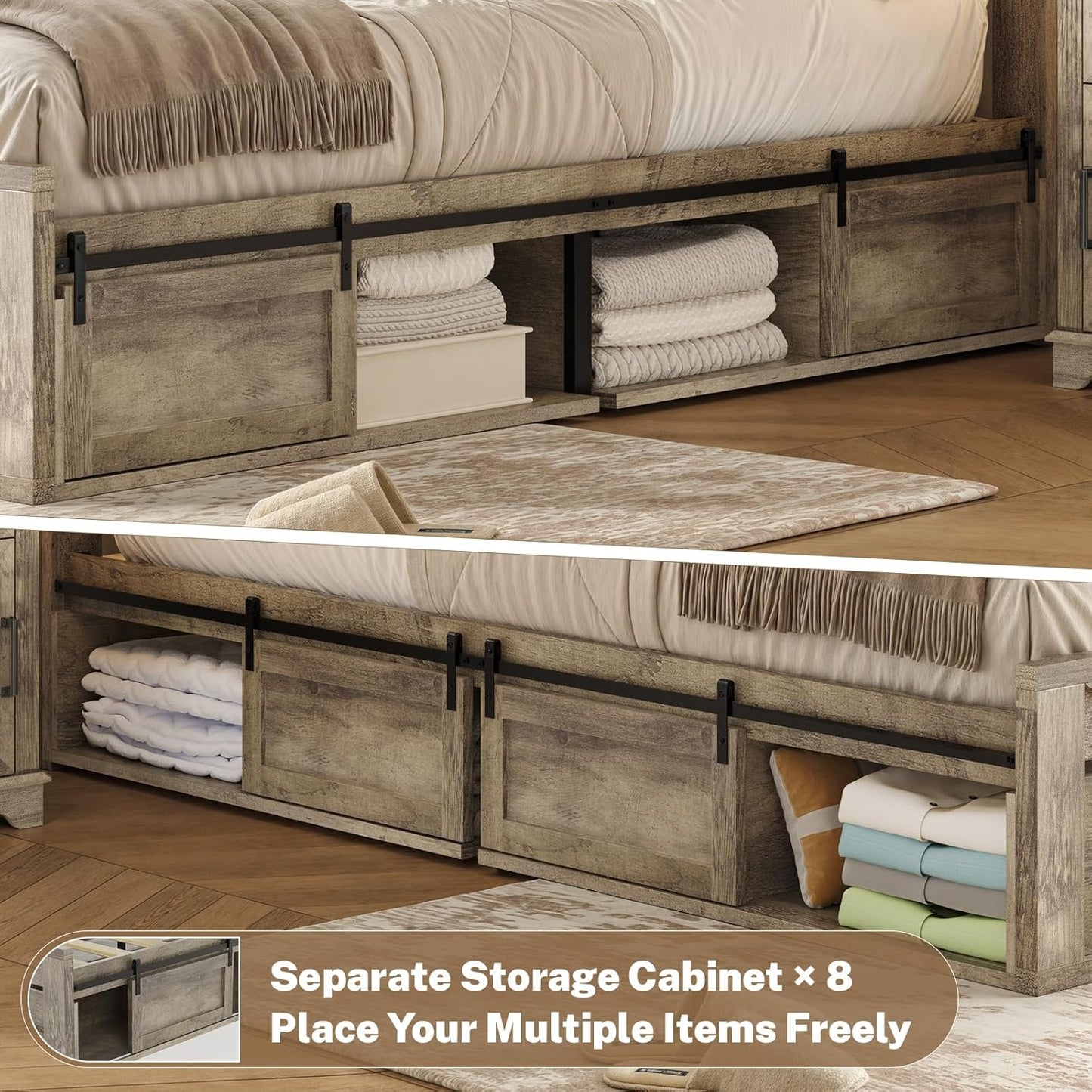 Farmhouse Full Size Wood Bed Frame with Sliding Barn Door Storage Cabinets, Rustic Platform Bed Frame with Adjustable Headboard, Sturdy Wood & Metal Frame, No Box Spring Needed, Noisy-Free