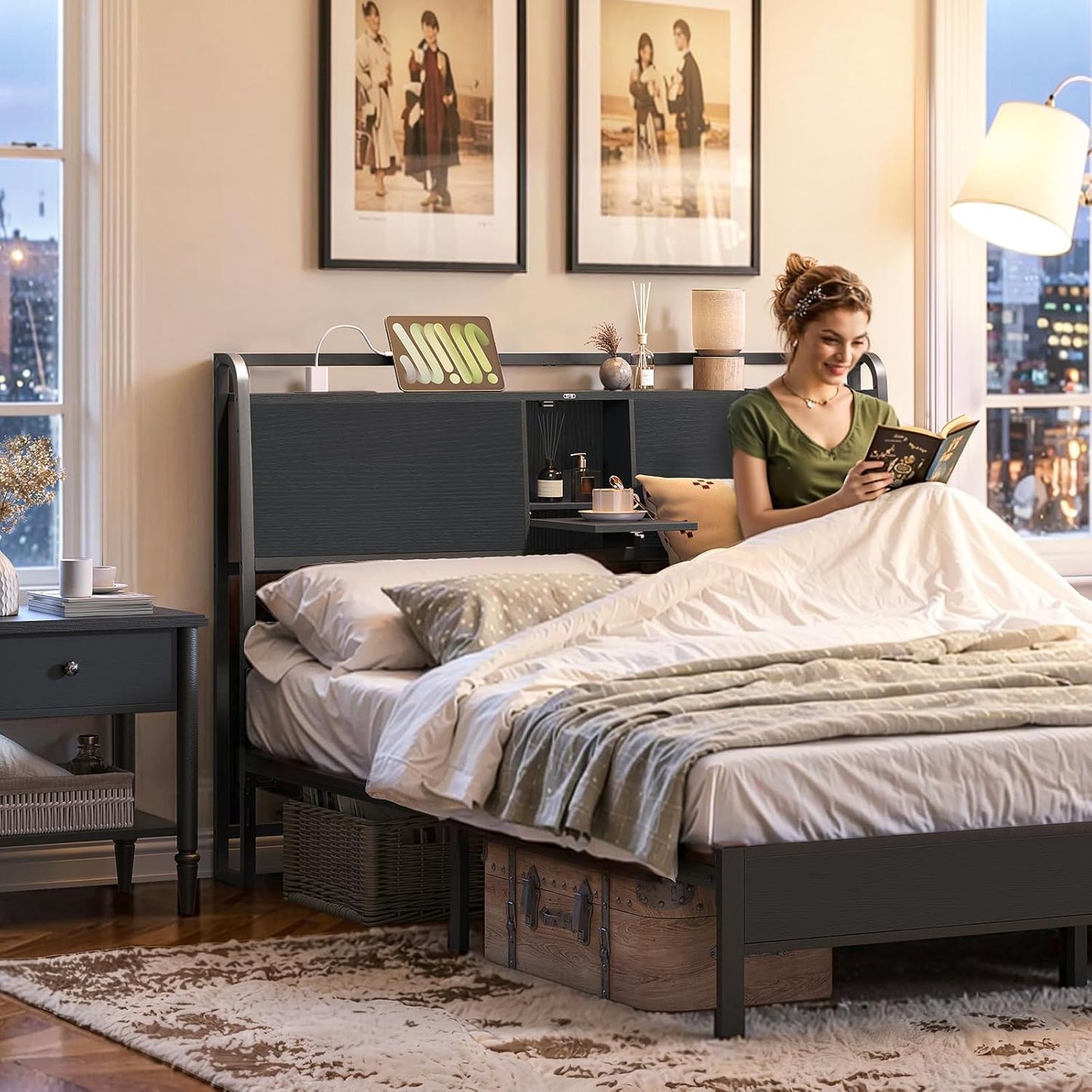 Headboard Queen Size Only, Headboard with 4 Outlets and 4 USB Ports, Industrial Head Board with Flip Door and Bed Frame Adapter, Height Adjustable, Black