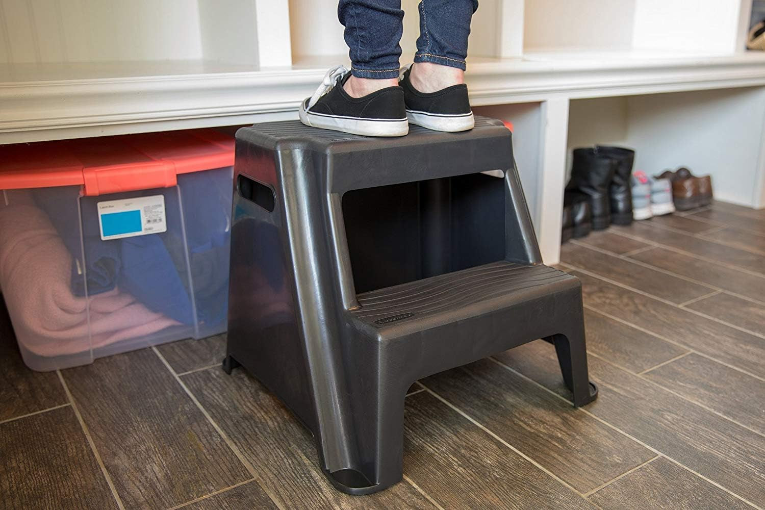 2-Step Molded Plastic Step Stool, Lightweight with Slip Resistant Treads and Non-Slip Feet, Black (Amazon Exclusive)