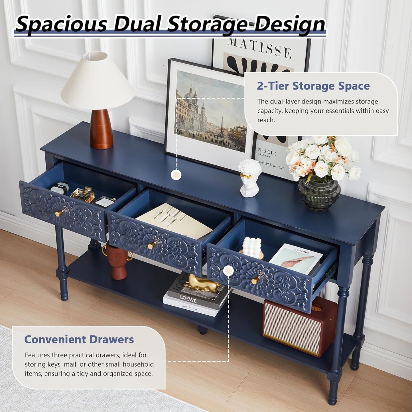 55.5" Carved Console Table with 3 Drawers, 2-Tier Sofa Table with Glossy Floral Surface and Solid Wood Legs, Mid-Century Modern Entryway Table for Living Room Hallway (Midnight Blue)
