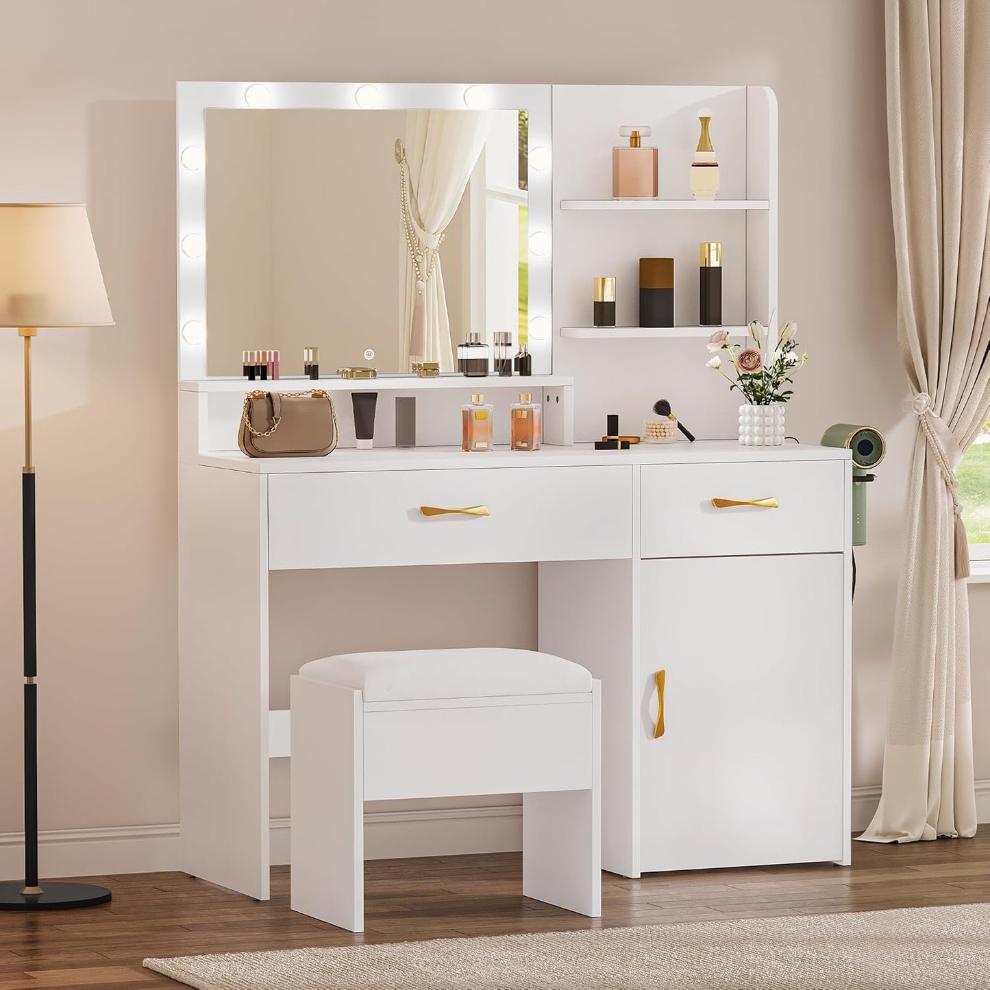 Vanity Desk with Mirror, Makeup Vanity Set with Power Strip, 9 Dimmable Bulbs, Drawers, Cabinet, Shelves, and Stool, 3-Color Adjustable Lighting, Elegant Vanity for Dressing Room, White