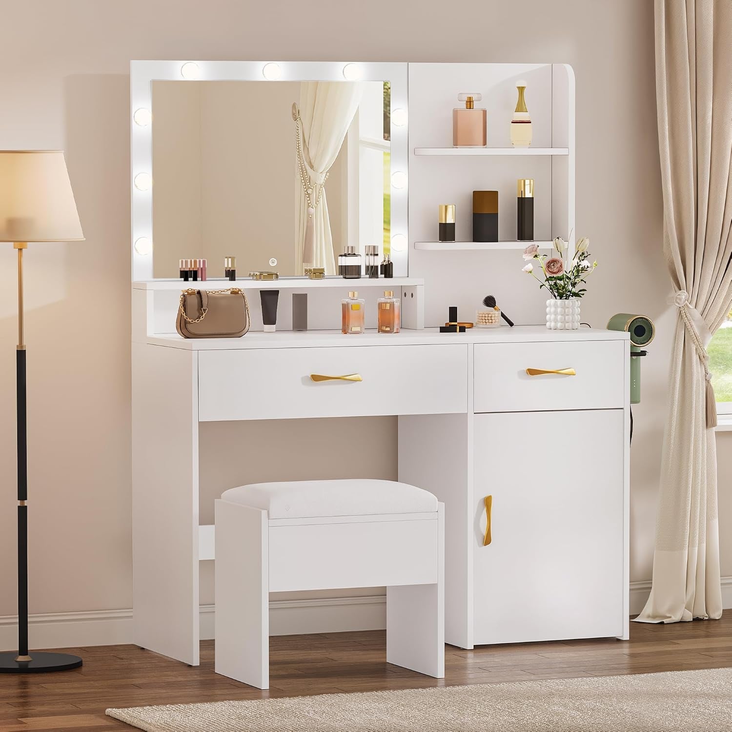 Vanity Desk with Mirror, Makeup Vanity Set with Power Strip, 9 Dimmable Bulbs, Drawers, Cabinet, Shelves, and Stool, 3-Color Adjustable Lighting, Elegant Vanity for Dressing Room, White