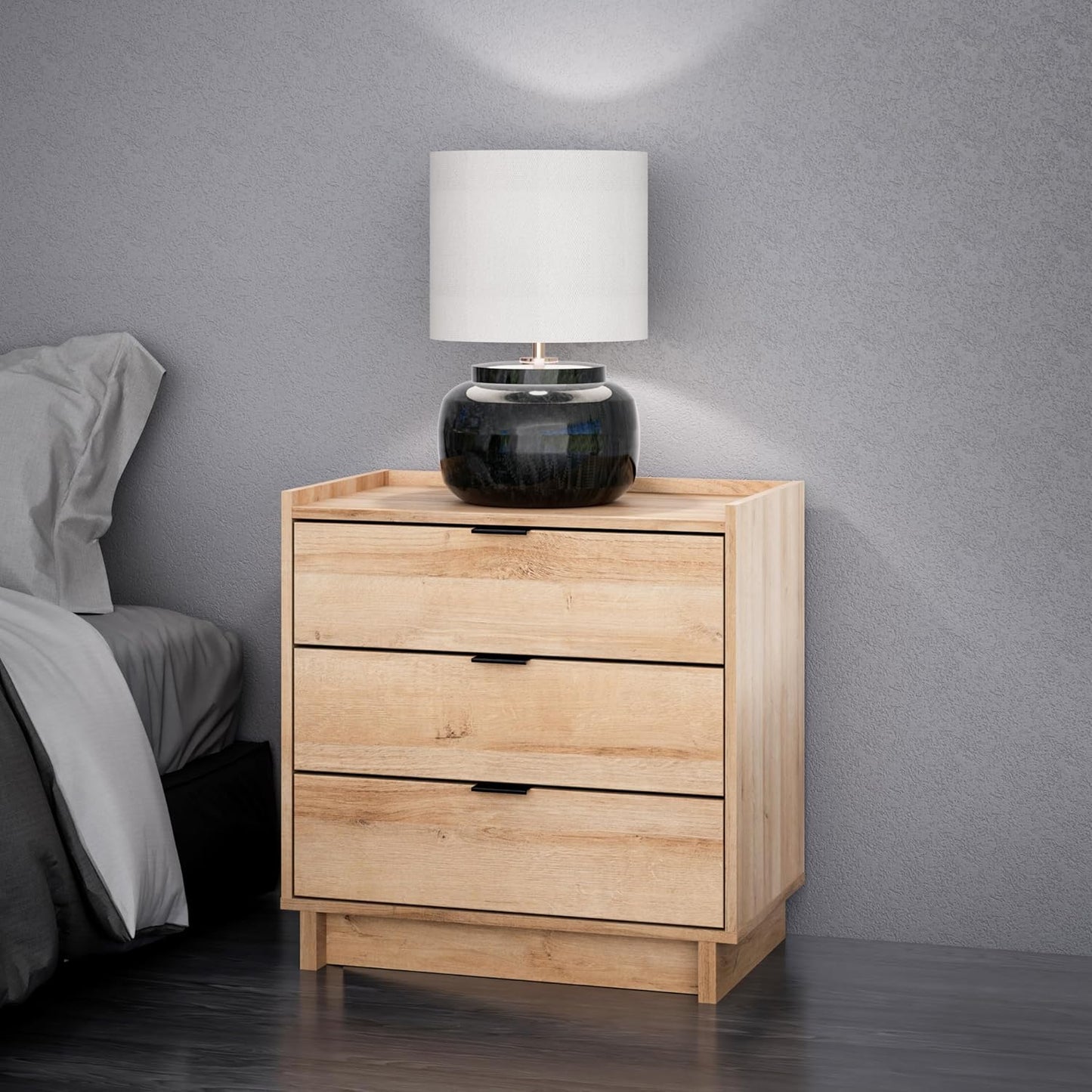 Simply Modern Nightstand Bedside Table, Natural Oak Nightstand for Bedroom, End Table with 3 Drawers 26.5" W X 26.75" H X 16" D