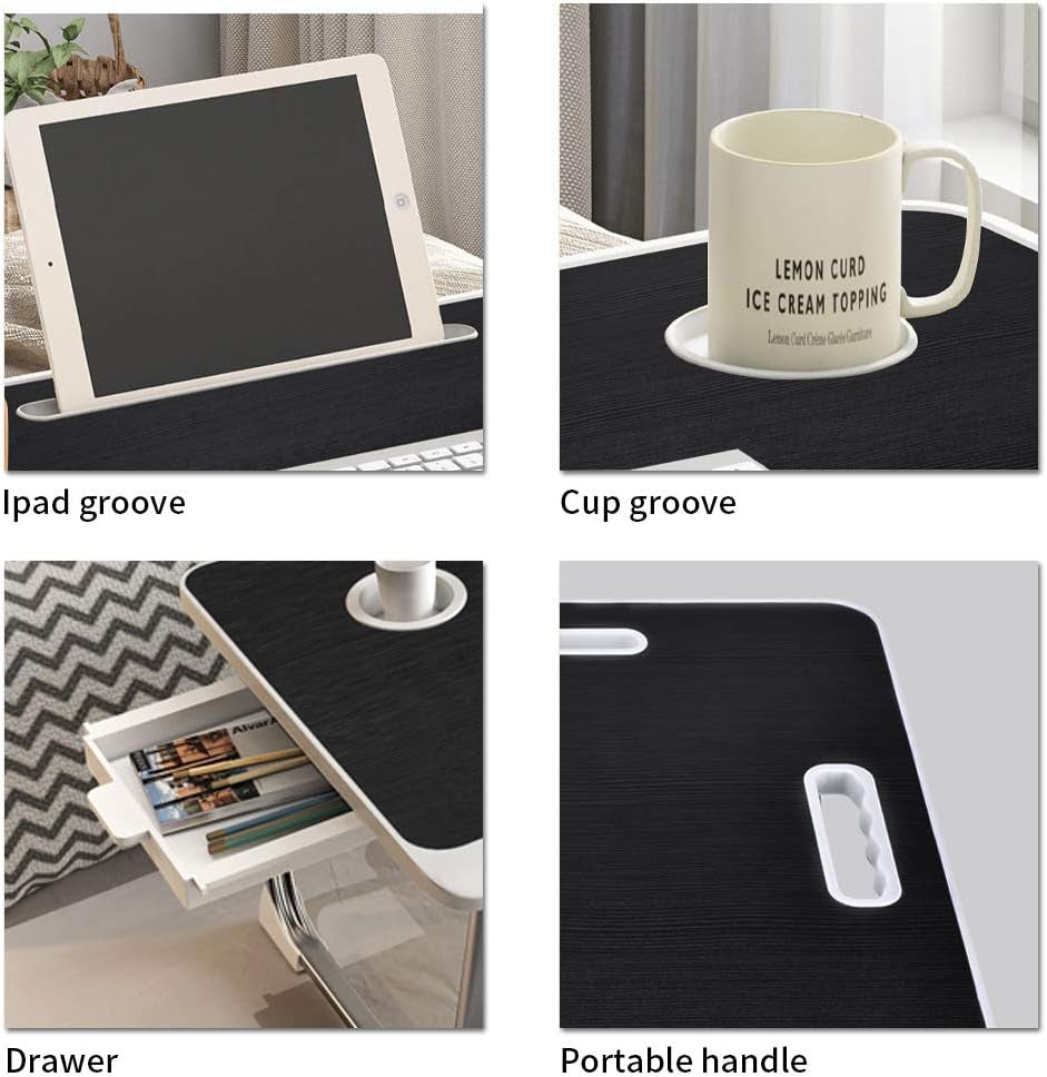 Laptop Bed Table, Laptop Desk for Bed, Foldable Laptop Bed Desk with USB Charge Port, Handle, Desktop Card Slot, Cup Slot, Side Drawer, Portable Laptop Table for Bed Eating Reading Working