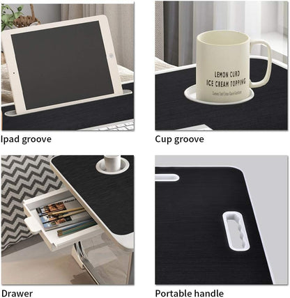 Laptop Bed Table, Laptop Desk for Bed, Foldable Laptop Bed Desk with USB Charge Port, Handle, Desktop Card Slot, Cup Slot, Side Drawer, Portable Laptop Table for Bed Eating Reading Working