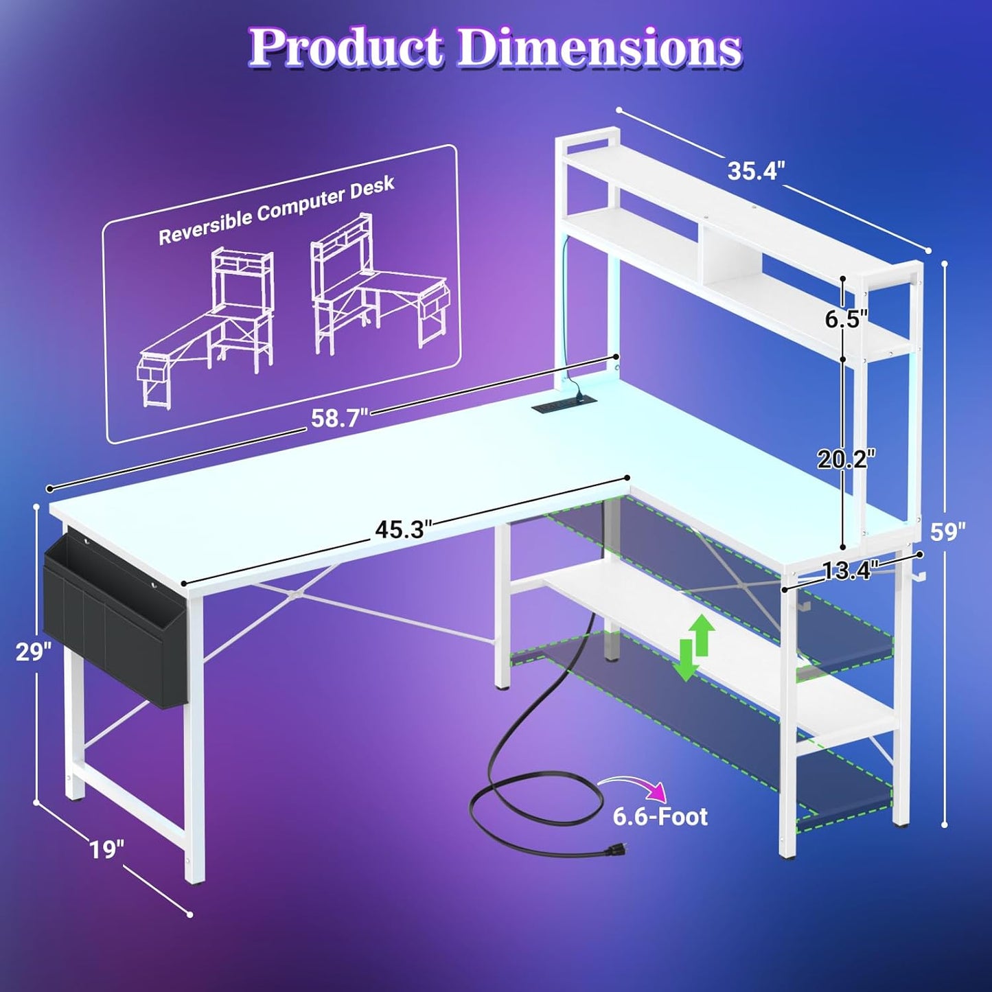 L Shaped Desk Gaming Desk, 59" L Shaped Computer Desk with LED Light & Power Outlet, Reversible Home Office Desk Gamer Desks with Shelves & Storage Bag & Hooks, Corner PC Desk, White
