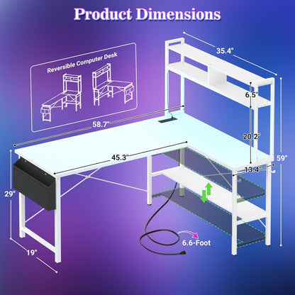 L Shaped Desk Gaming Desk, 59" L Shaped Computer Desk with LED Light & Power Outlet, Reversible Home Office Desk Gamer Desks with Shelves & Storage Bag & Hooks, Corner PC Desk, White
