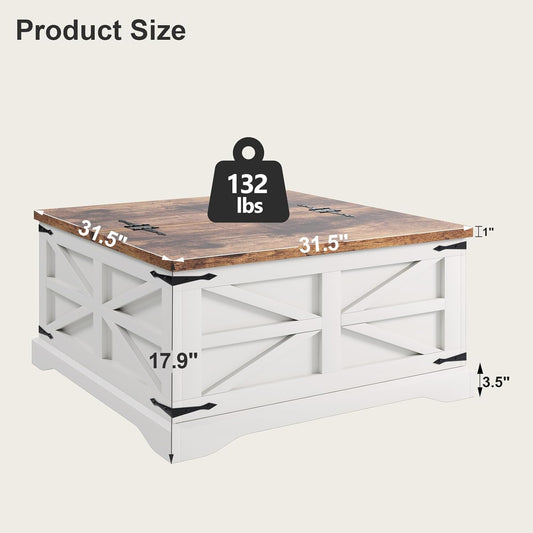 Farmhouse Coffee Table with Storage, Square Coffee Tables for Living Room, Rustic Wood Center Table with Hinged Lifting Tabletop for Home, White