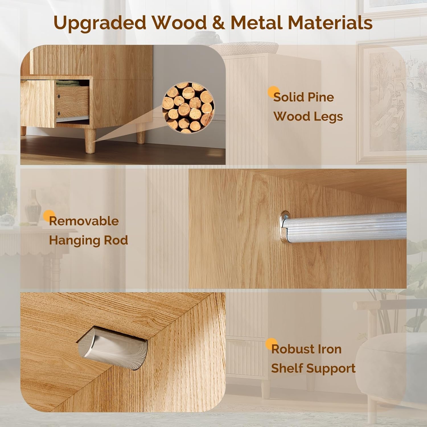 Fluted Wardrobe Closet Armoire with Doors and Drawers, Wardrobe Cabinet with Hanging Rack, Bedroom Closet Wood, Oak Free Standing Armoire with Shelf and Solid Wood Legs, 31.5"W*19.7"D*69.3"H