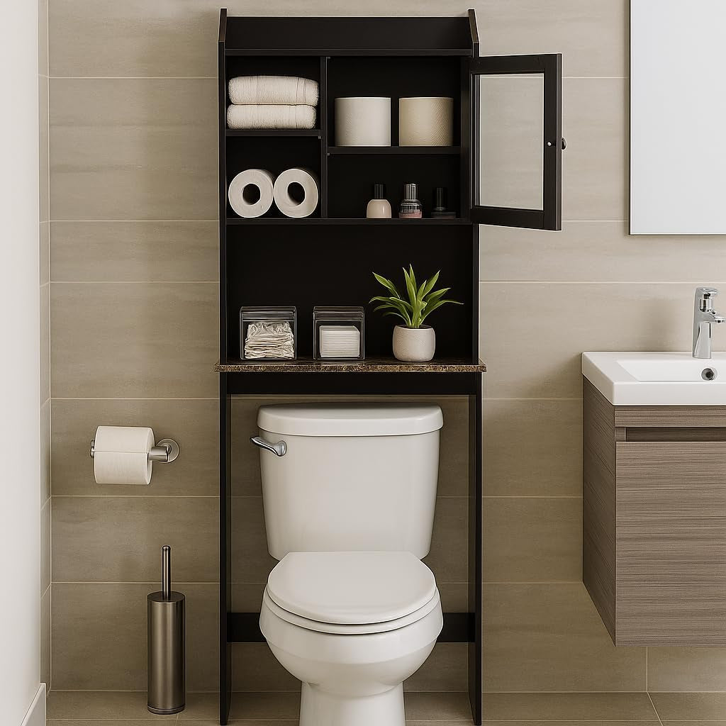 Over Toilet Space Saver Cabinet – Bathroom Organizer with Enclosed Door, Open Storage & Marble-Look Shelf (Espresso)