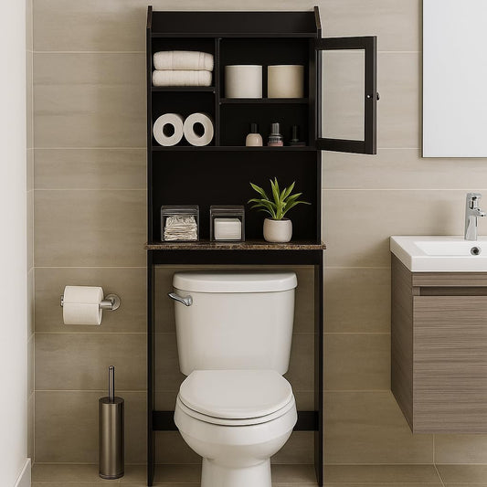 Over Toilet Space Saver Cabinet – Bathroom Organizer with Enclosed Door, Open Storage & Marble-Look Shelf (Espresso)