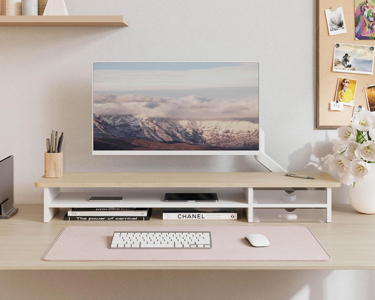 Monitor Stand, Dual Monitor Riser, 42.5Inch Large Desk Computer Monitor Stand Riser with Drawer, 2 Tier Wood & Acrylic Desktop Organizer for Computer, Laptop, Printer, TV Screen Riser